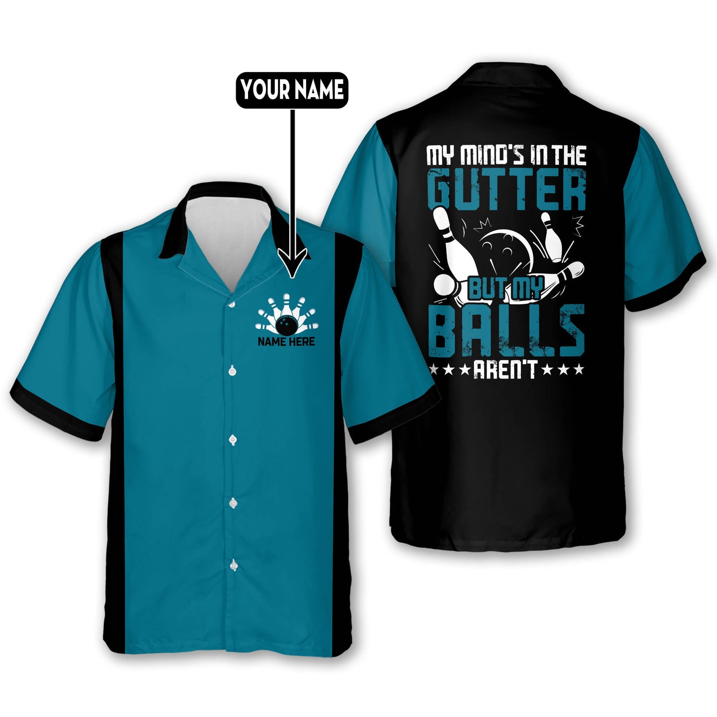 Custom My Mind's In The Gutter But My Balls Aren't Bowling Hawaiian Shirt For Men, Custom Funny Bowling Shirt HB0113