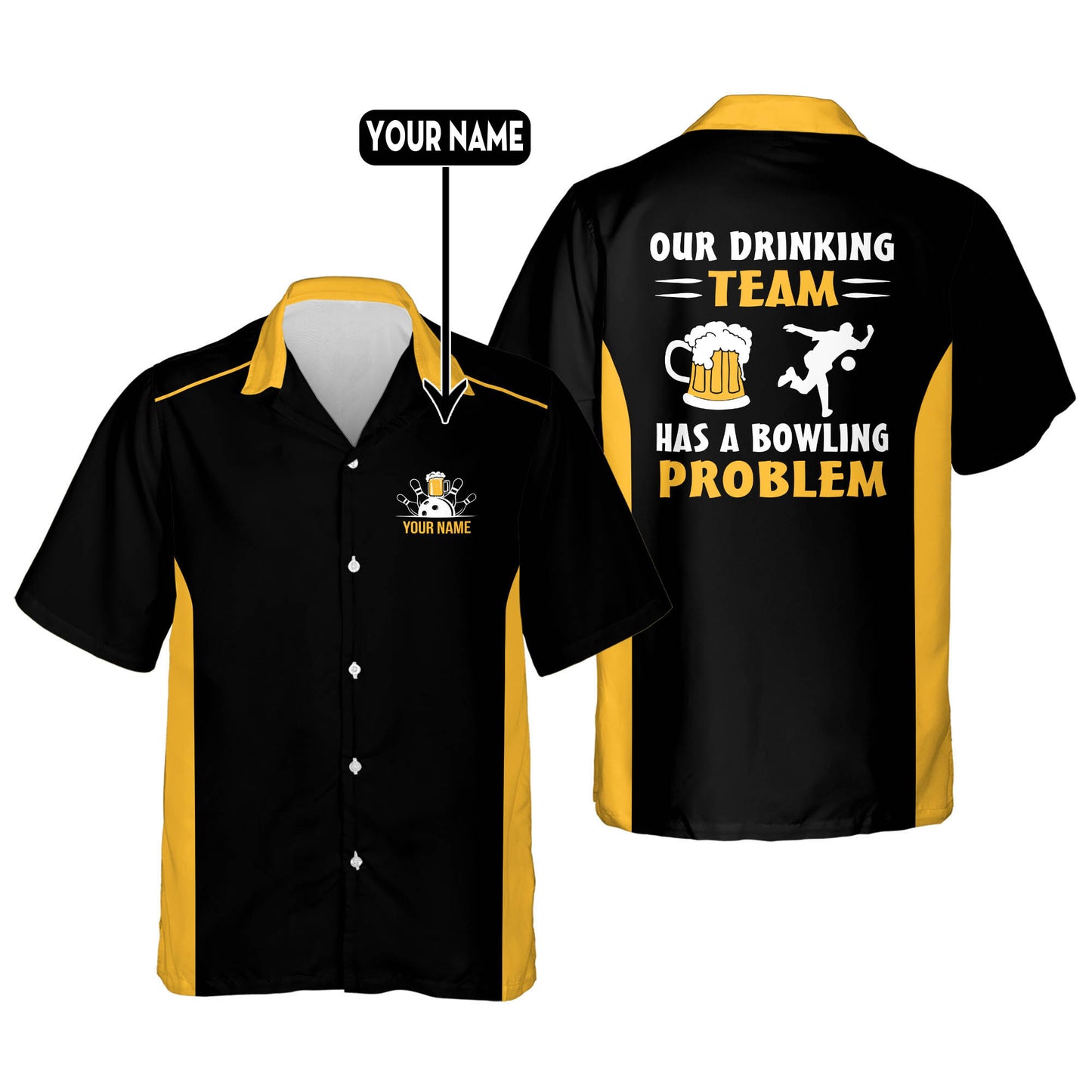 Custom Our Drinking Team Has A Bowling Problem Bowling Hawaiian Shirt For Men, Custom Funny Beer Bowling Shirt HB0001