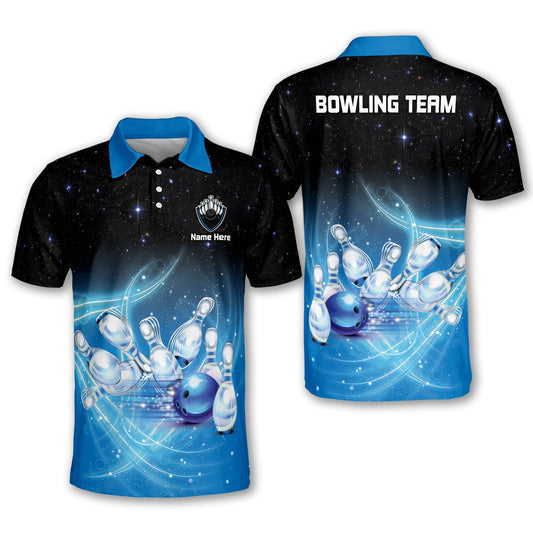 Custom Black And Blue Team Bowling Polo Shirts For Men, Custom Team Bowling Shirts BM0096