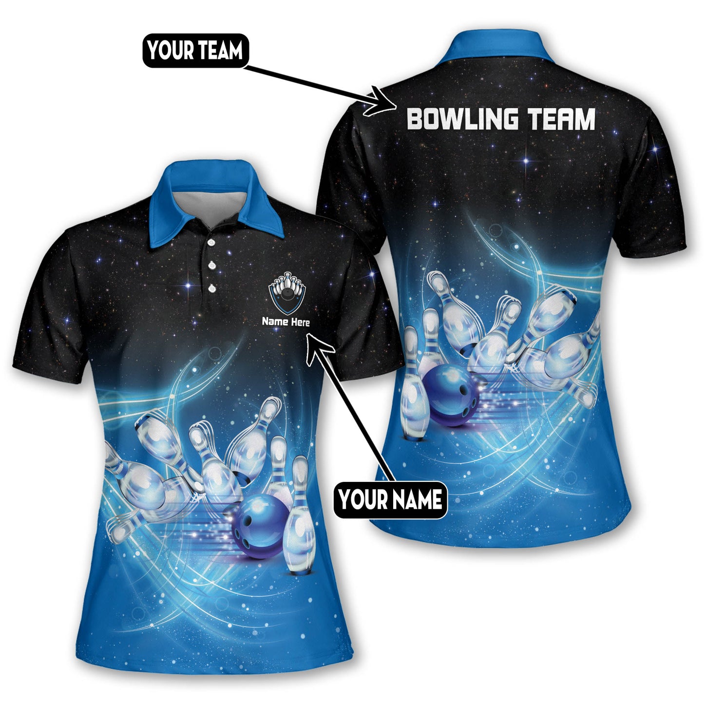 Custom Team Black and Blue Bowling Polo Shirt For Women, Custom Team Bowling Shirt BW0129