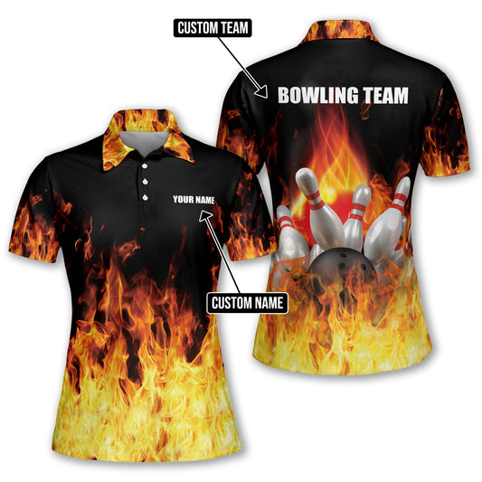 Custom Flame Bowling Shirt Womens, Custom Flame Bowling Polo Shirt For Women BW0121