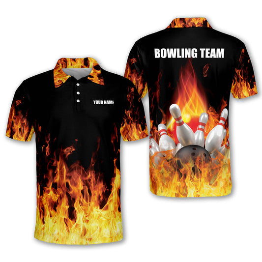 Custom Flame Bowling Polo Shirt For Men, Custom Team Flame Bowling Shirt BM0043