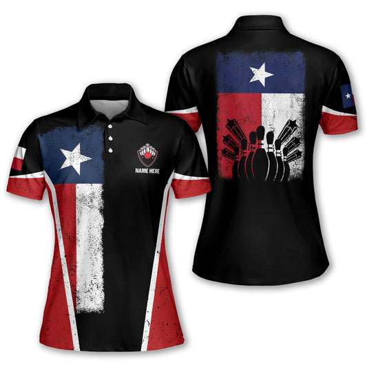 Custom Texas Flag Bowling Polo Shirt For Women, Custom Women's Black Bowling Shirt BW0131