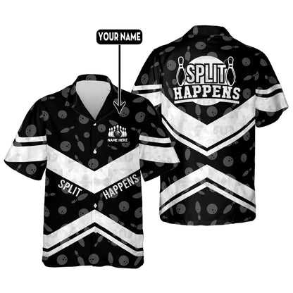 Custom Split Happens Bowling Hawaiian Shirt For Men, Custom Black And White Funny Bowling Shirt HB0055