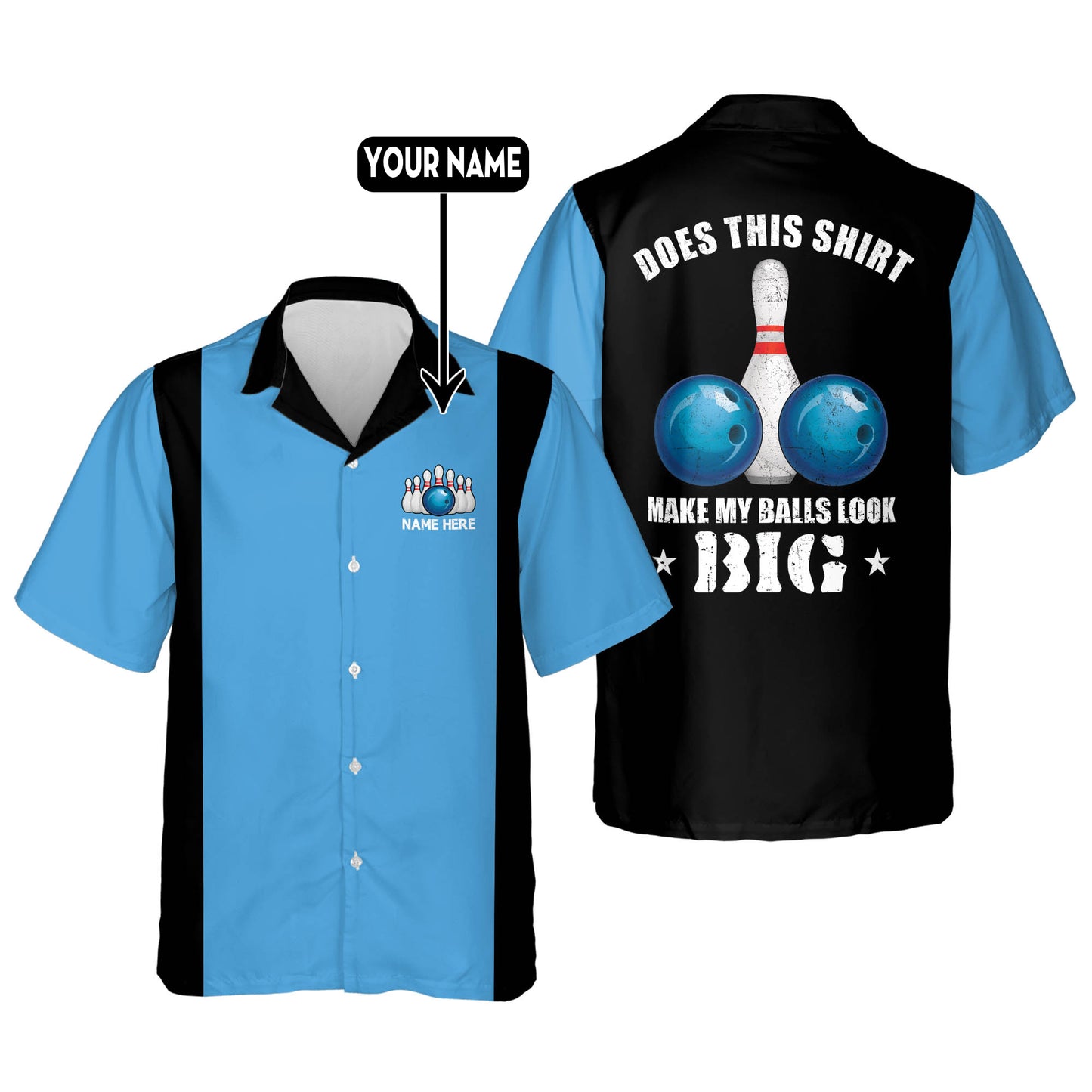 Custom Does This Shirt Make My Balls Look Big Bowling Hawaiian Shirt For Men, Custom Black And Blue Funny Bowling Shirt HB0105