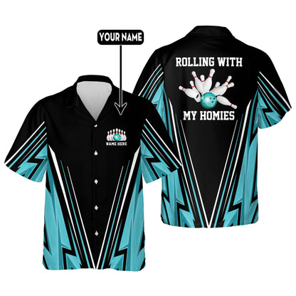 Custom Rolling with My Homies Bowling Hawaiian Shirt For Men, Custom Funny Bowling Shirt HB0014