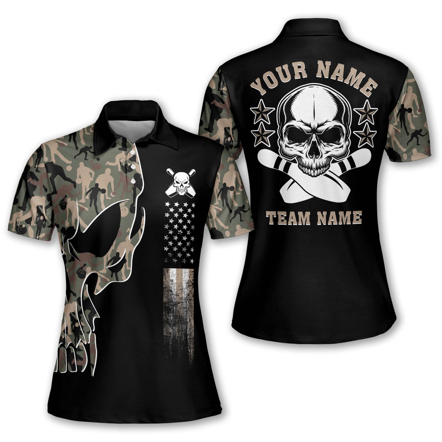 Custom Skull Bowling Polo Shirt For Women, Custom Women's Camo Skull Bowling Team Shirt BW0128