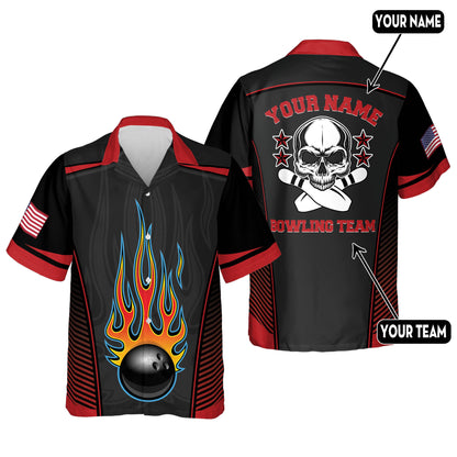 Custom Skull Bowling Hawaiian Shirt For Men, Custom Black And Red Flame Bowling Team Shirt HB0011