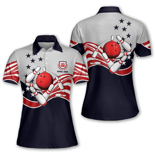 Custom Women's Bowling Shirt, Custom Red White And Blue Bowling Polo Shirt For Women BW0130