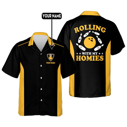 Custom Rolling With My Homies Black And Yellow Bowling Hawaiian Shirt For Men, Custom Vintage Bowling Shirt Funny HB0104