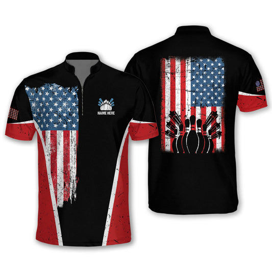 Custom American Flag Bowling Jersey Shirts For Men, Custom Patriotic Bowling Shirts BM0257