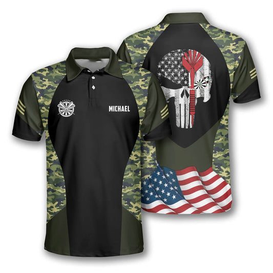 3D All Over Print Dart Camo Polo Shirt, Skull Camo Pattern Camouflage Dart American Flag Shirt, Flag Shirt DMO0209