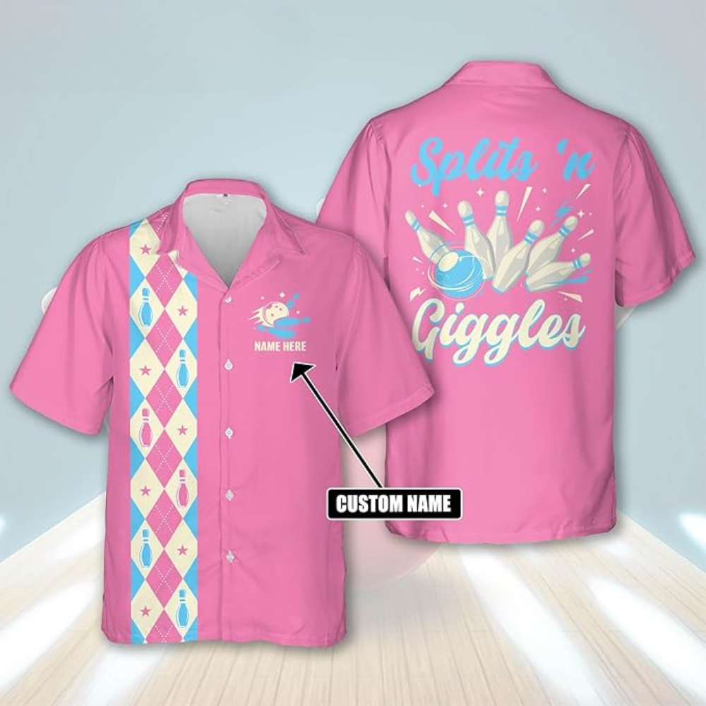 Custom Splits'n Giggles Bowling Hawaiian Shirt For Women, Custom Funny Pink Bowling Shirt HW0179