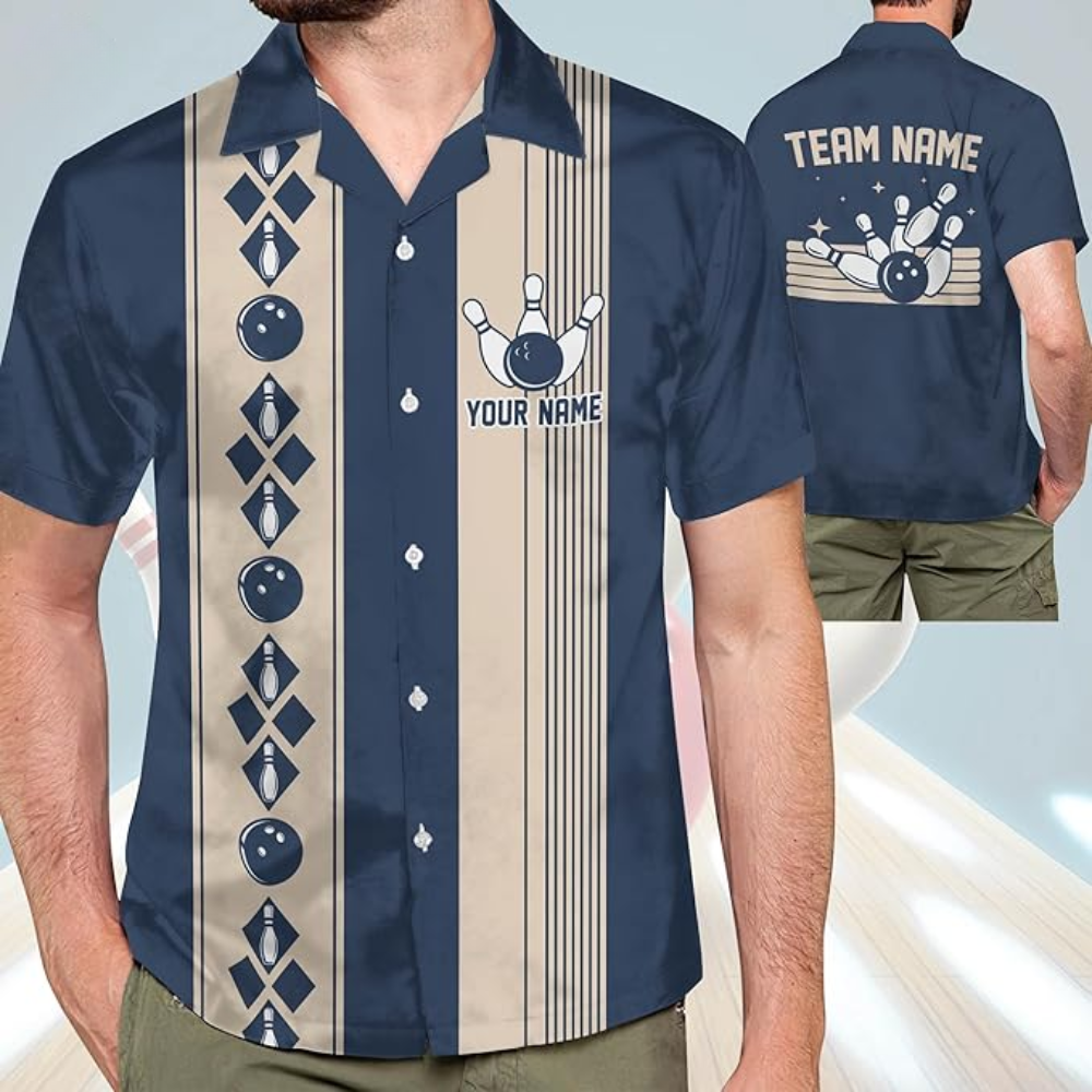 Custom Blue Vintage Bowling Hawaiian Shirt For Men, Custom Vintage Bowling Team Shirt HB0170