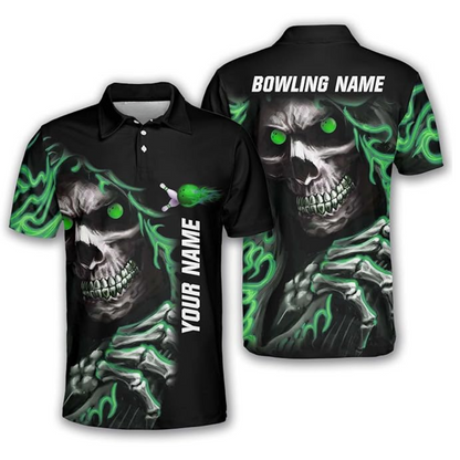 Custom Skull Bowling Polo Shirt For Men, Custom Black And Green Skull Bowling Team Shirt BZ0009