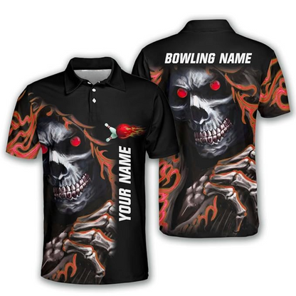 Custom Skull Bowling Polo Shirt For Men, Custom Black And Green Skull Bowling Team Shirt BZ0009