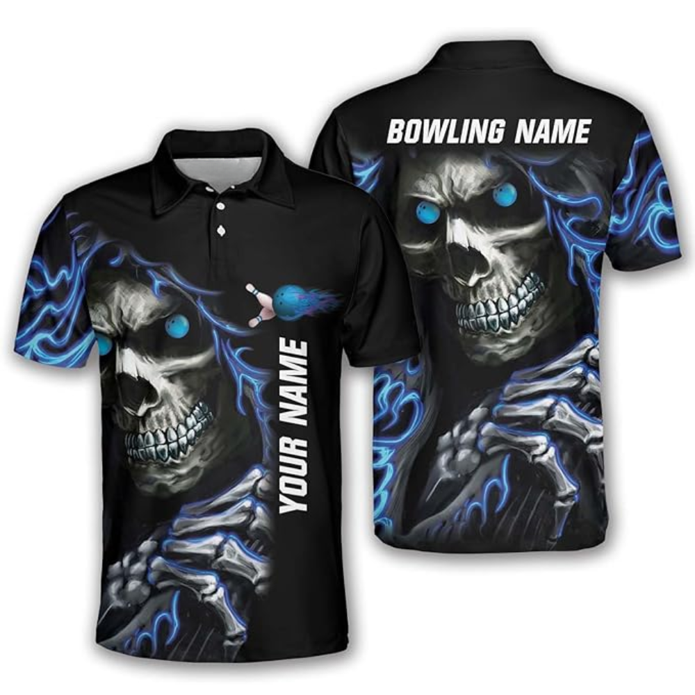 Custom Skull Bowling Polo Shirt For Men, Custom Black And Green Skull Bowling Team Shirt BZ0009