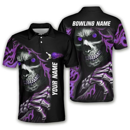 Custom Skull Bowling Polo Shirt For Men, Custom Black And Green Skull Bowling Team Shirt BZ0009