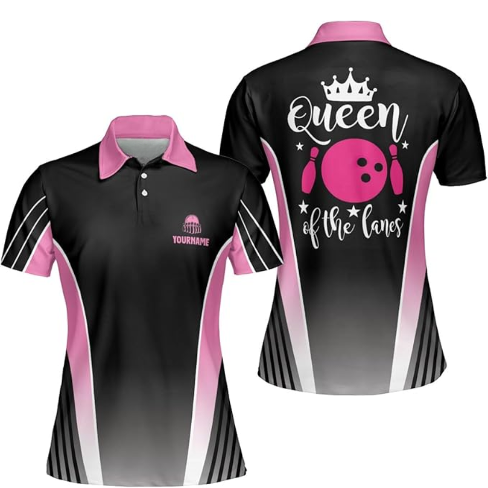 Custom Queen Of The Lanes Bowling Polo Shirt For Women, Custom Black And Pink Women's Bowling Shirt BZ0104