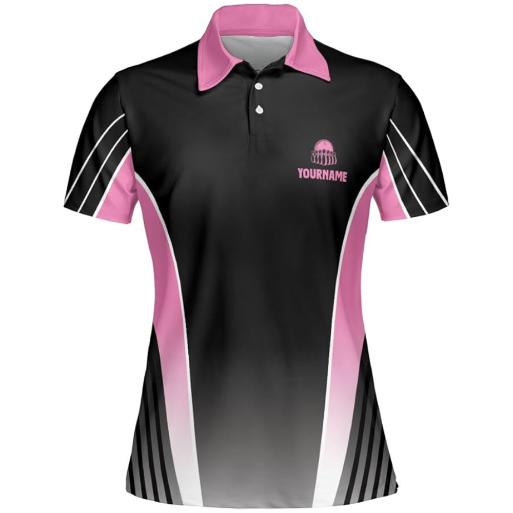 Custom Queen Of The Lanes Bowling Polo Shirt For Women, Custom Black And Pink Women's Bowling Shirt BZ0104