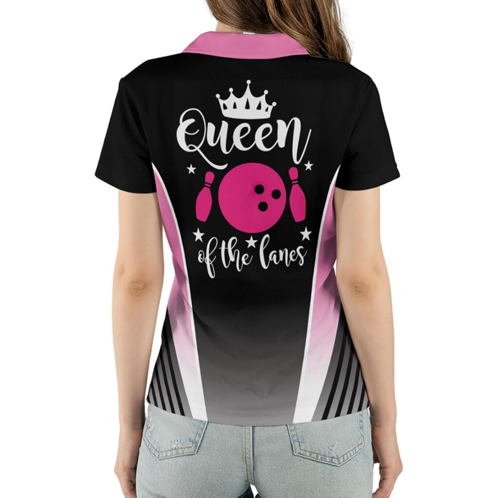 Custom Queen Of The Lanes Bowling Polo Shirt For Women, Custom Black And Pink Women's Bowling Shirt BZ0104