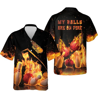 Custom My Balls Are On Fire Bowling Hawaiian Shirt For Men, Custom Funny Bowling Shirt Flame BZ0111