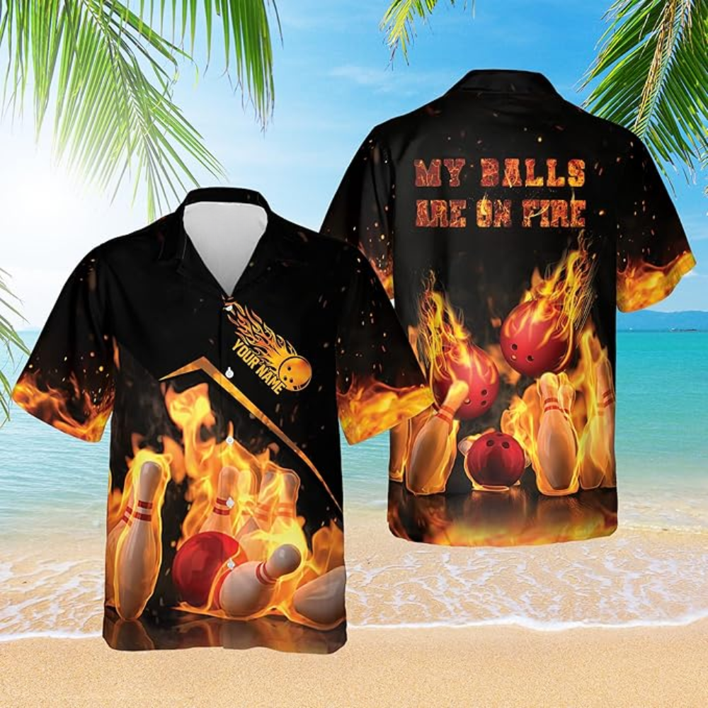 Custom My Balls Are On Fire Bowling Hawaiian Shirt For Men, Custom Funny Bowling Shirt Flame BZ0111