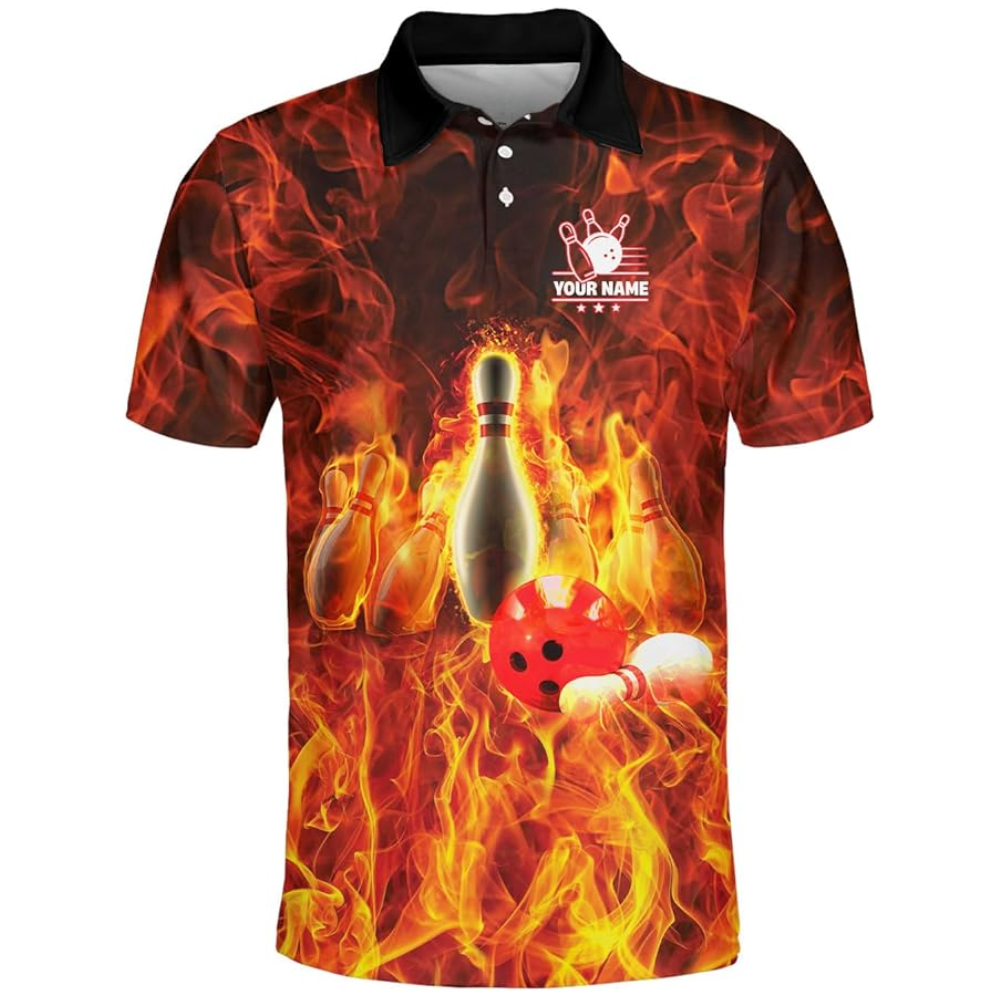 Custom Flame Bowling Polo Shirt For Men, Custom Flame Bowling Team Shirts BZ0132