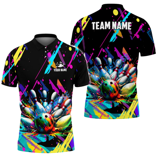 Custom Team Bowling Polo Shirt For Men, Custom Graffiti Splash Paint Bowling Team Shirts BL0004