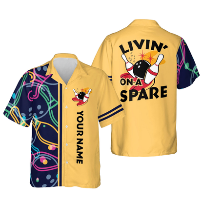 Custom Livin' On A Spare Bowling Hawaiian Shirt For Men And Women, Custom Funny Yellow Bowling Shirt BE0019