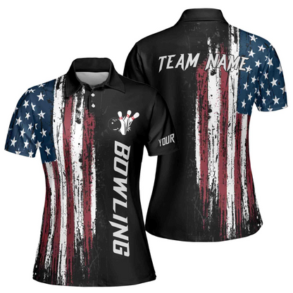 Custom American Flag Bowling Polo Shirt For Women, Custom Patriotic Women Bowling Team Shirts BE0048