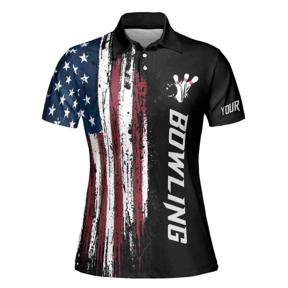 Custom American Flag Bowling Polo Shirt For Women, Custom Patriotic Women Bowling Team Shirts BE0048