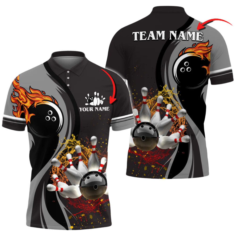 Custom Flame Bowling Polo Shirt For Men, Custom Black And Red Bowling Team Shirts BA0029