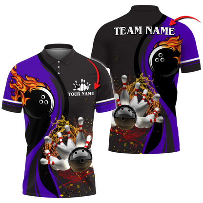 Custom Flame Bowling Polo Shirt For Men, Custom Black And Red Bowling Team Shirts BA0029