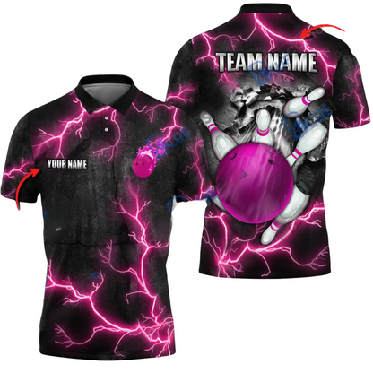 Custom Black And Pink Team Bowling Polo Shirt For Men, Custom Team Thunder Bowling Shirt BE0043