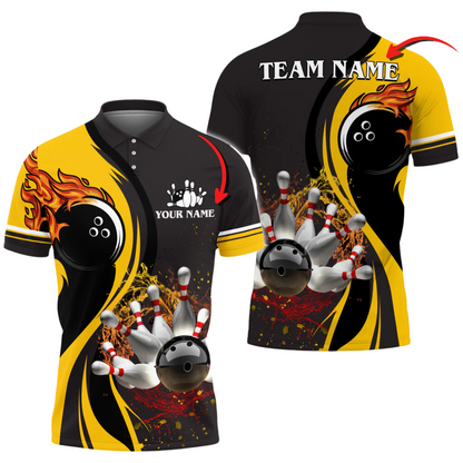 Custom Flame Bowling Polo Shirt For Men, Custom Black And Red Bowling Team Shirts BA0029