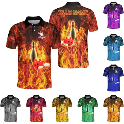 Custom Flame Bowling Polo Shirt For Men, Custom Flame Bowling Team Shirts BZ0132