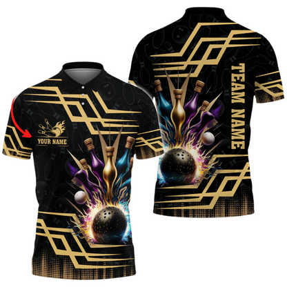 Custom Team Black And Gold Bowling Polo Shirt For Men, Custom Bowling Team Shirts BA0030