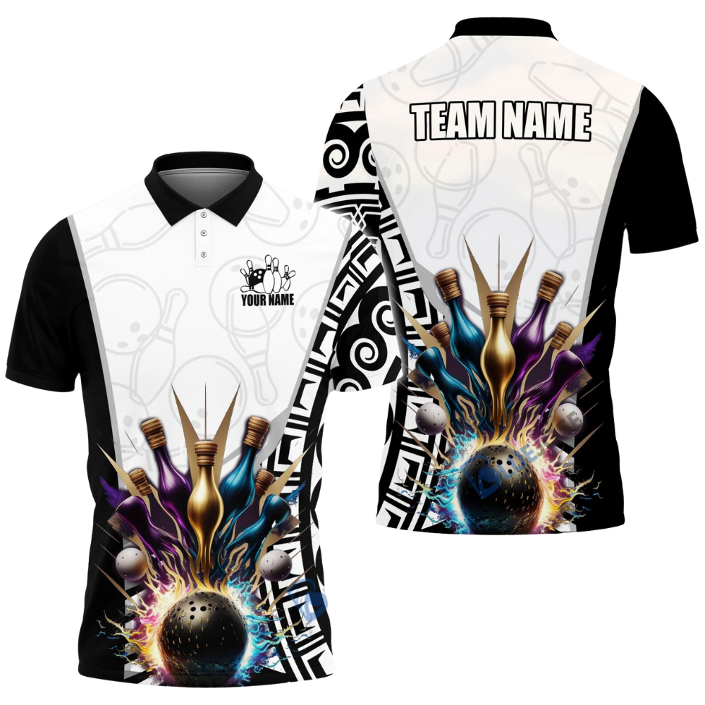 Custom Black And White Team Bowling Polo Shirt For Men, Custom Bowling Team Shirts BE0039