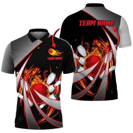 Custom Flame Bowling Polo Shirt For Men, Custom Flame Bowling Team Shirts BA0031