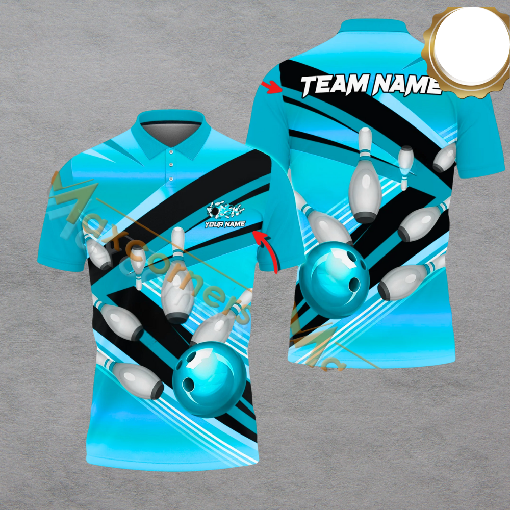 Custom Team Blue Bowling Polo Shirt For Men, Custom Team Bowling Shirt BA0012