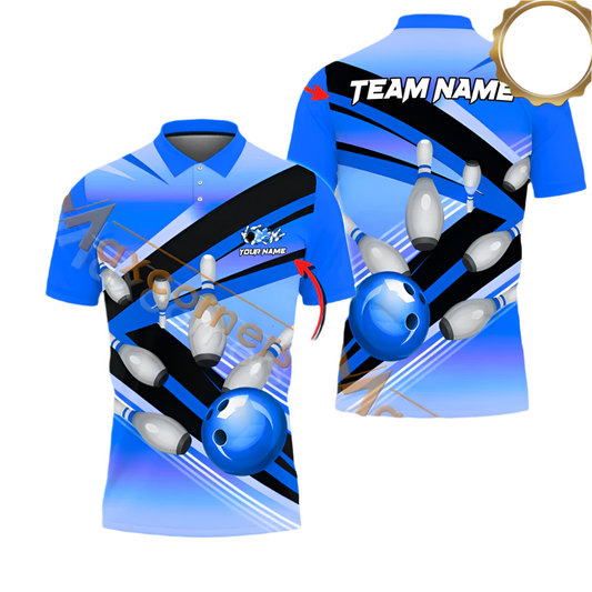 Custom Team Blue Bowling Polo Shirt For Men, Custom Team Bowling Shirt BA0012