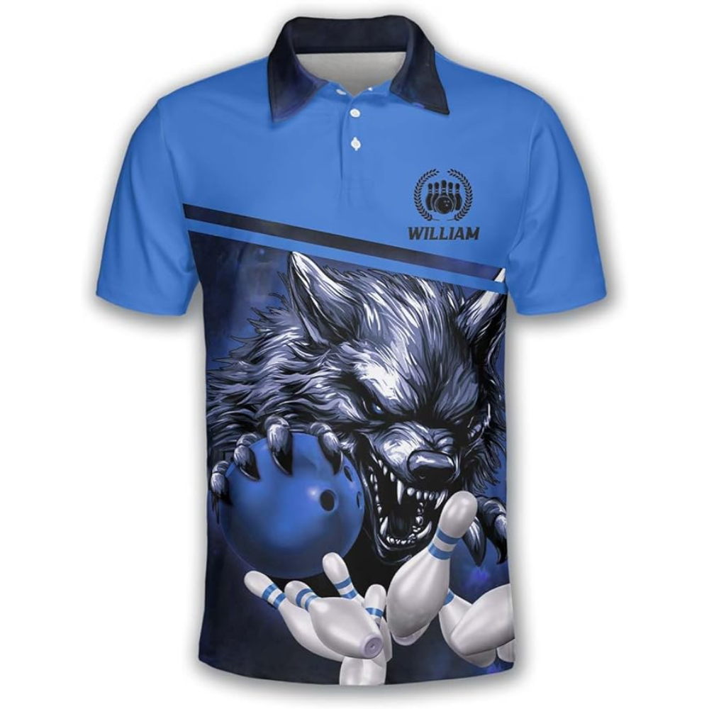 Custom Wolf Bowling Polo Shirt For Men, Custom Blue Bowling Team Shirts BZ0198