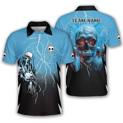 Custom Skull Bowling Polo Shirt For Men, Custom Black And Blue Skull Bowling Team Shirts BZ0158