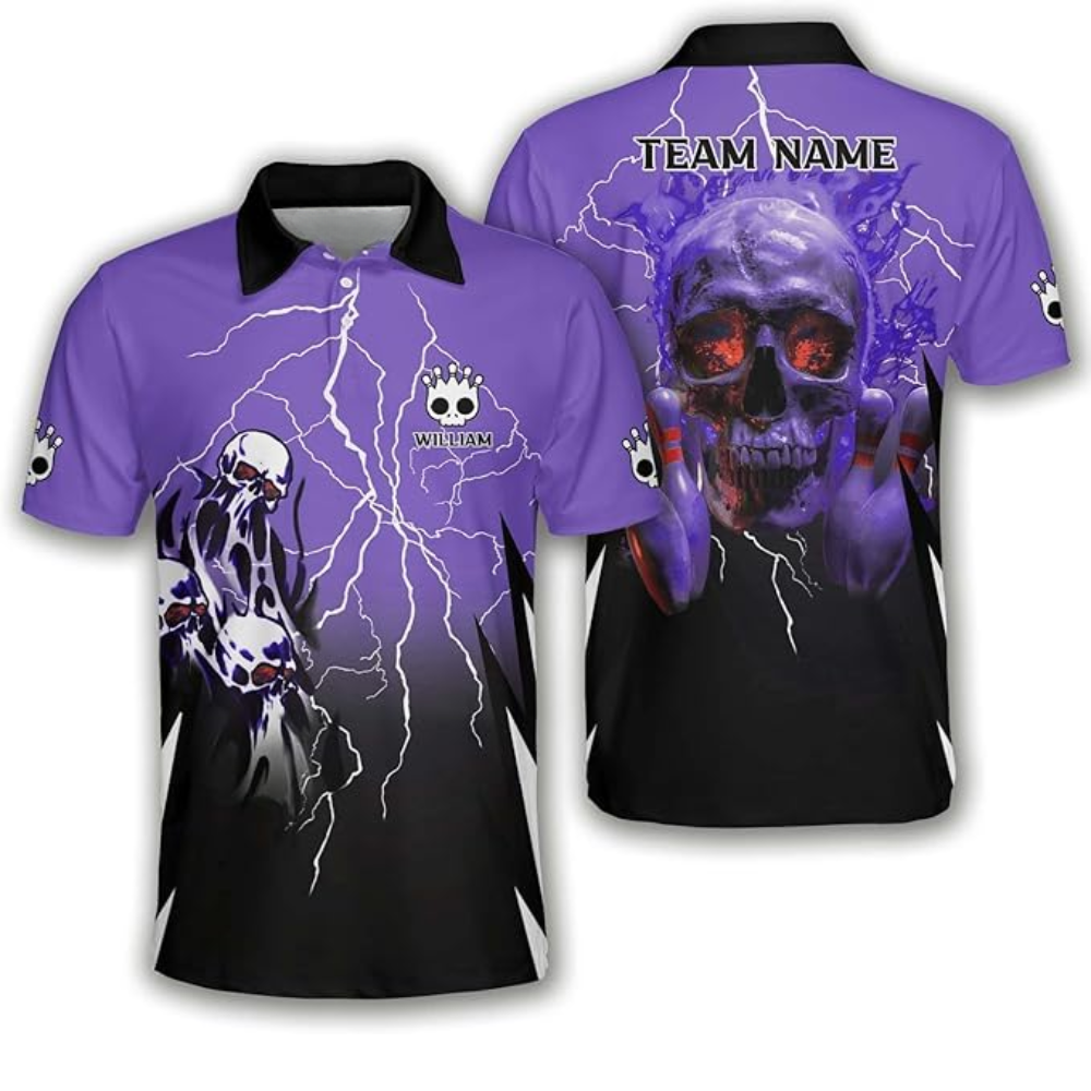 Custom Skull Bowling Polo Shirt For Men, Custom Black And Blue Skull Bowling Team Shirts BZ0158