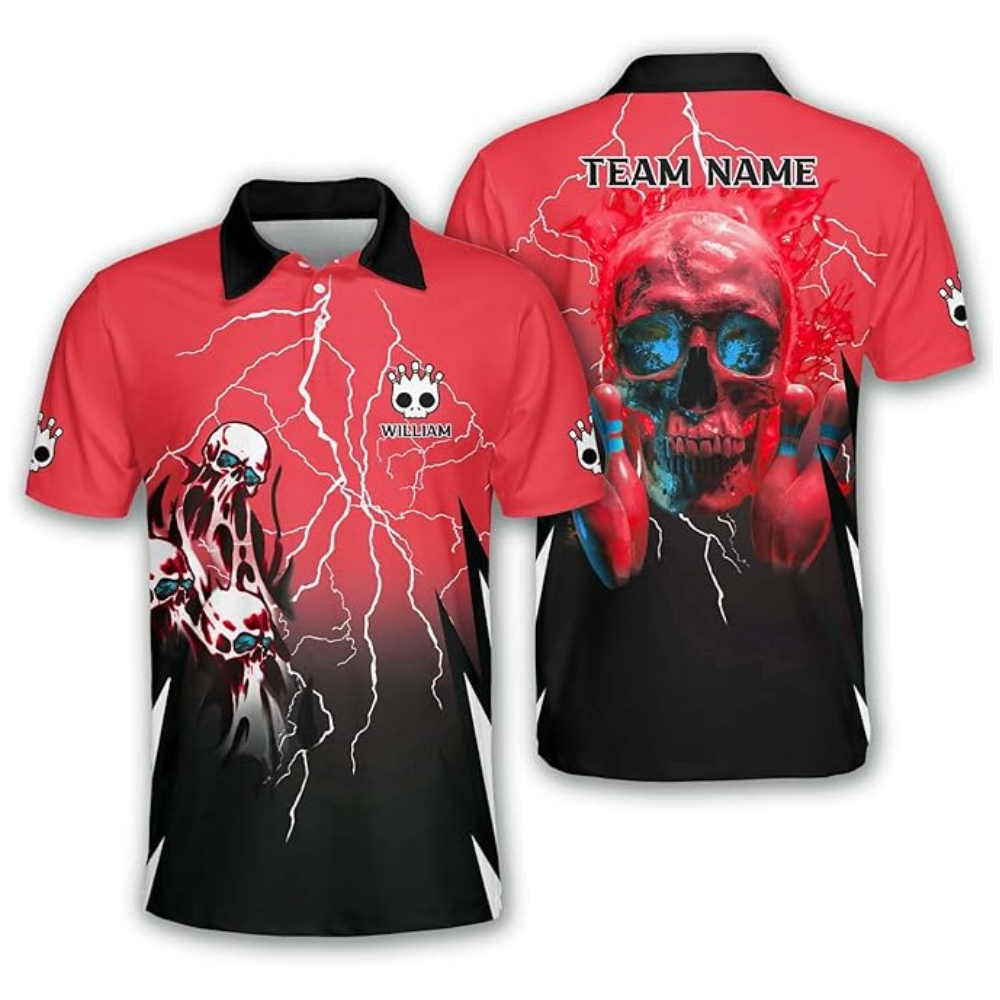 Custom Skull Bowling Polo Shirt For Men, Custom Black And Blue Skull Bowling Team Shirts BZ0158