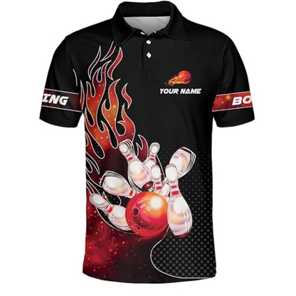 Custom Flame Bowling Polo Shirt For Men, Custom Bowling Team Shirts BZ0177