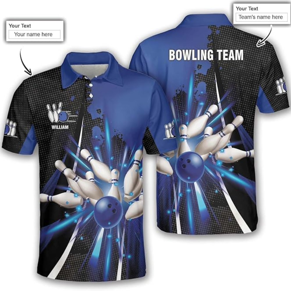 Custom Black And Blue Team Bowling Polo Shirt For Men, Custom Bowling Shirt BZ0039