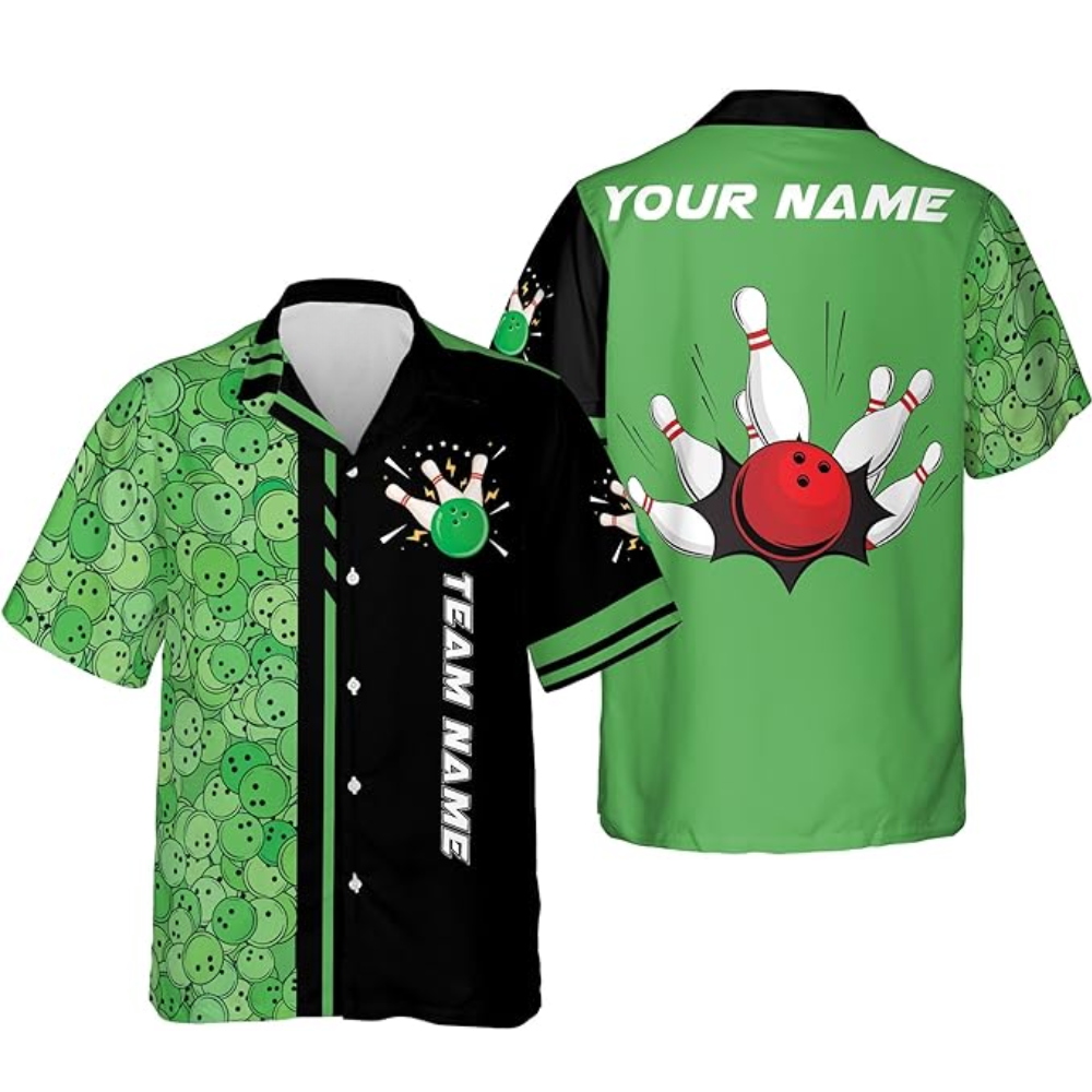 Custom Black And Green Team Bowling Hawaiian Shirt For Men Women, Custom Bowling Shirt BZ0041