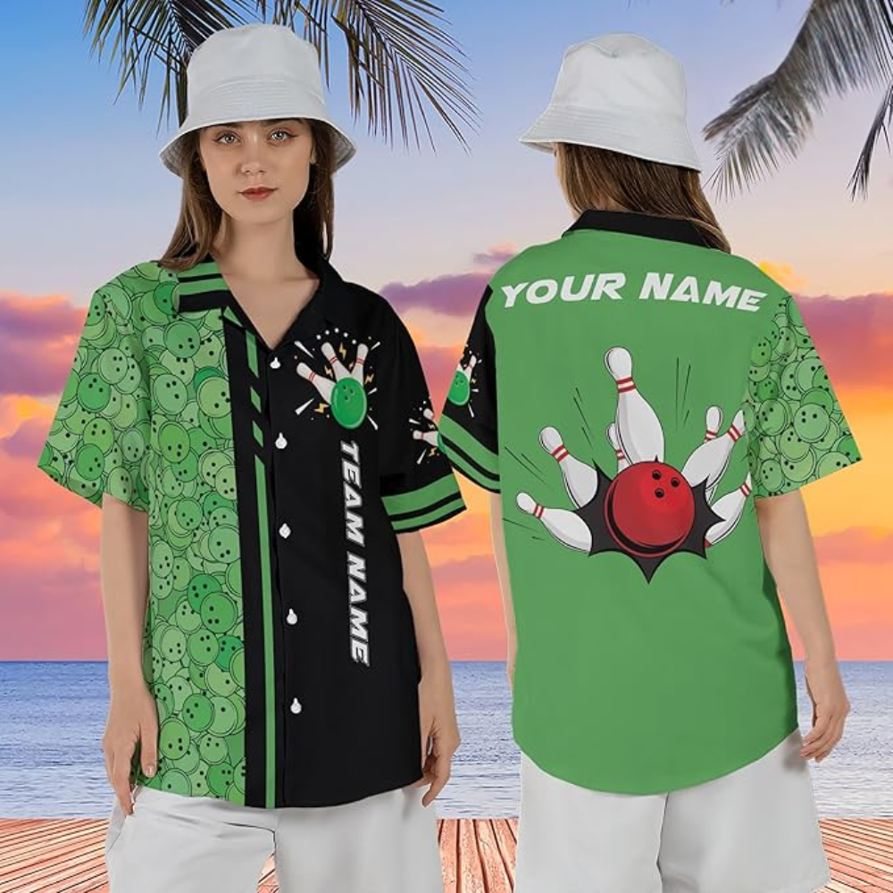 Custom Black And Green Team Bowling Hawaiian Shirt For Men Women, Custom Bowling Shirt BZ0041